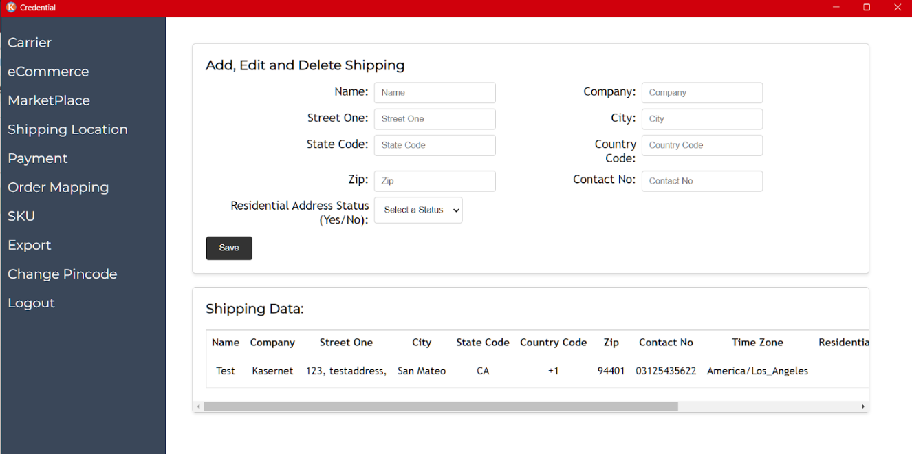 Shipping location tab in Credentials App